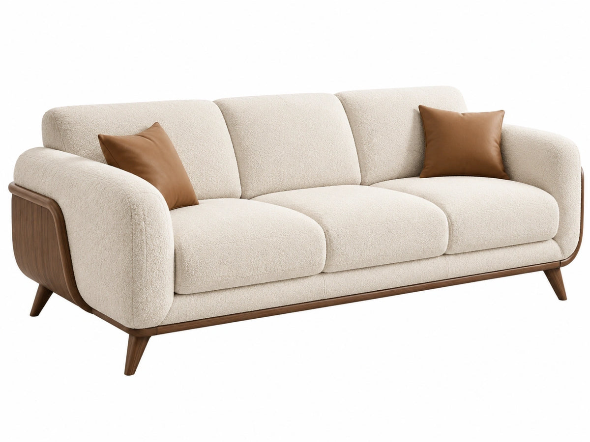 3-zitsbank 220 x 95 x 85 cm crème bouclé stof met houten frame moderne woonkamerbank