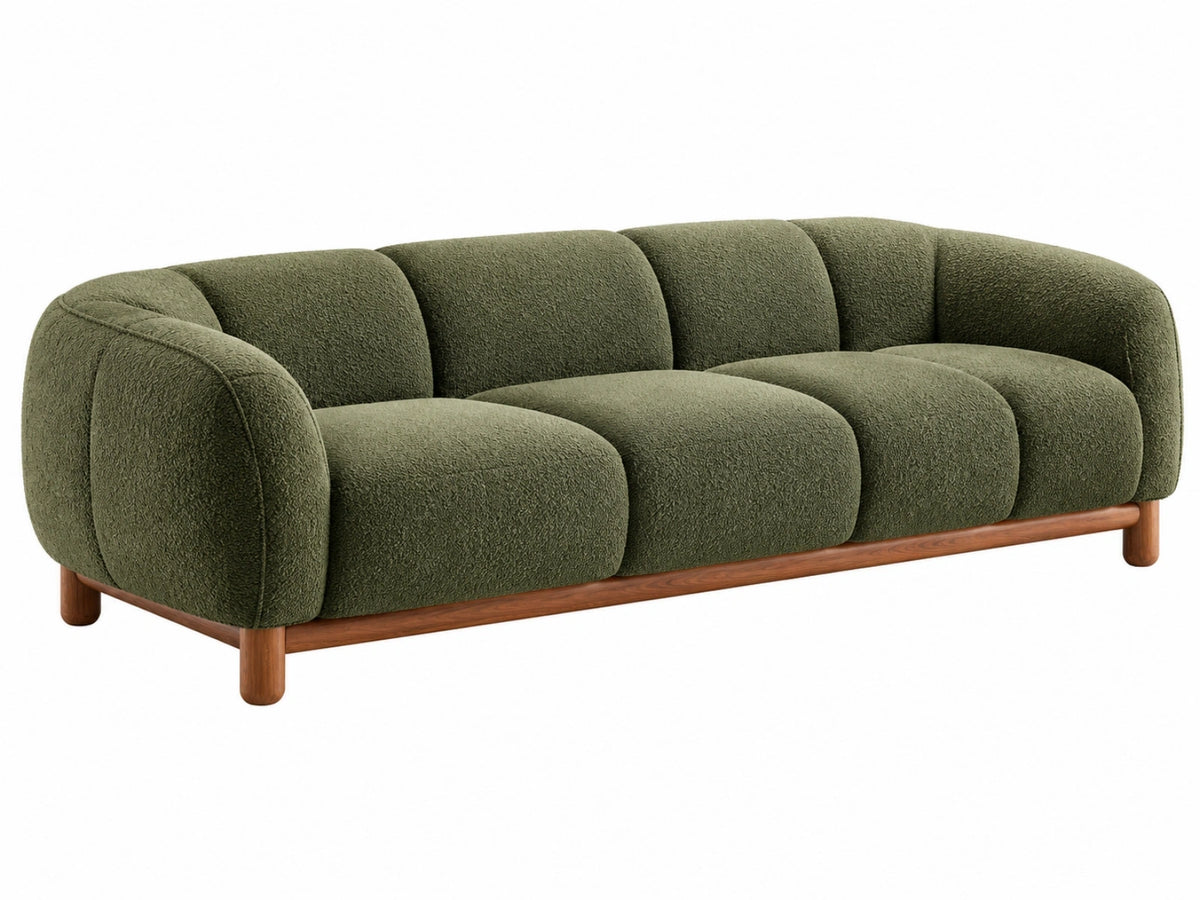 Driezitsbank 220 x 95 x 78 cm - olijfgroene bouclé stof met houten poten - afgeronde moderne bank
