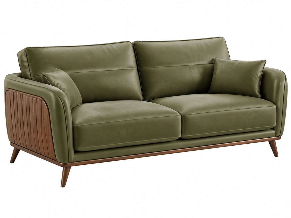 2-zitsbank 180 x 90 x 88 cm olijfgroene kunstleren bekleding met houten details