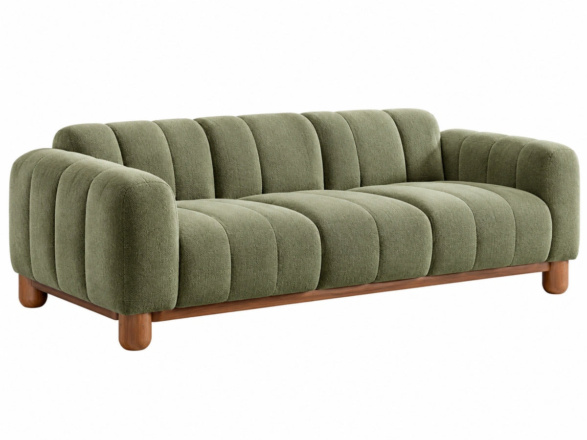 3-zitsbank 210 x 90 x 78 cm - groen stoffen bekleding met houten poten - modern geribbeld design