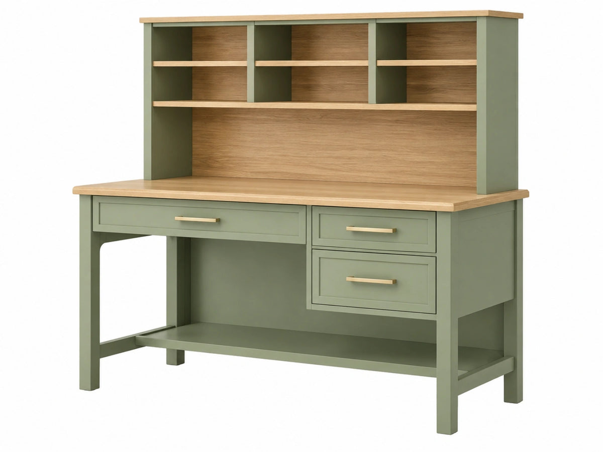 Bureau met opzetkast 120 x 60 x 150 cm groen en houtlook - houten werkplek met 3 laden en open vakken
