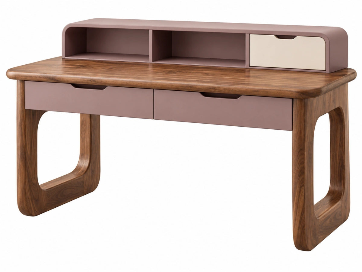 Bureau 140 x 60 x 90 cm hout walnootbruin roze crème - modern met opberglades