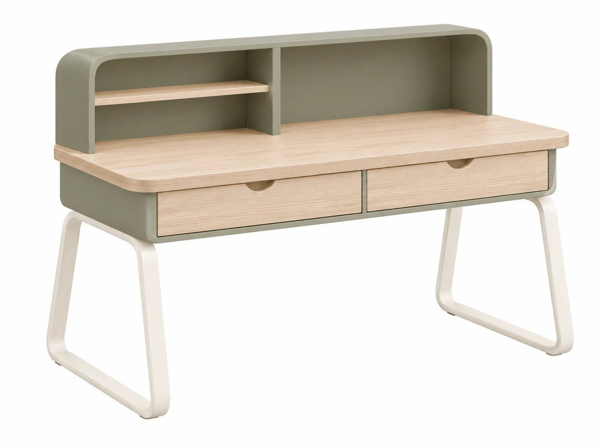 Bureau 120 x 60 x 90 cm houtlook groen met 2 laden en opbergrek