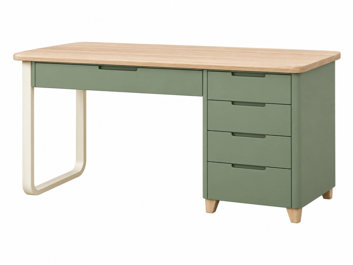 Bureau 140 x 60 x 75 cm met houten blad en groene ladenkast - Scandinavische werkplek