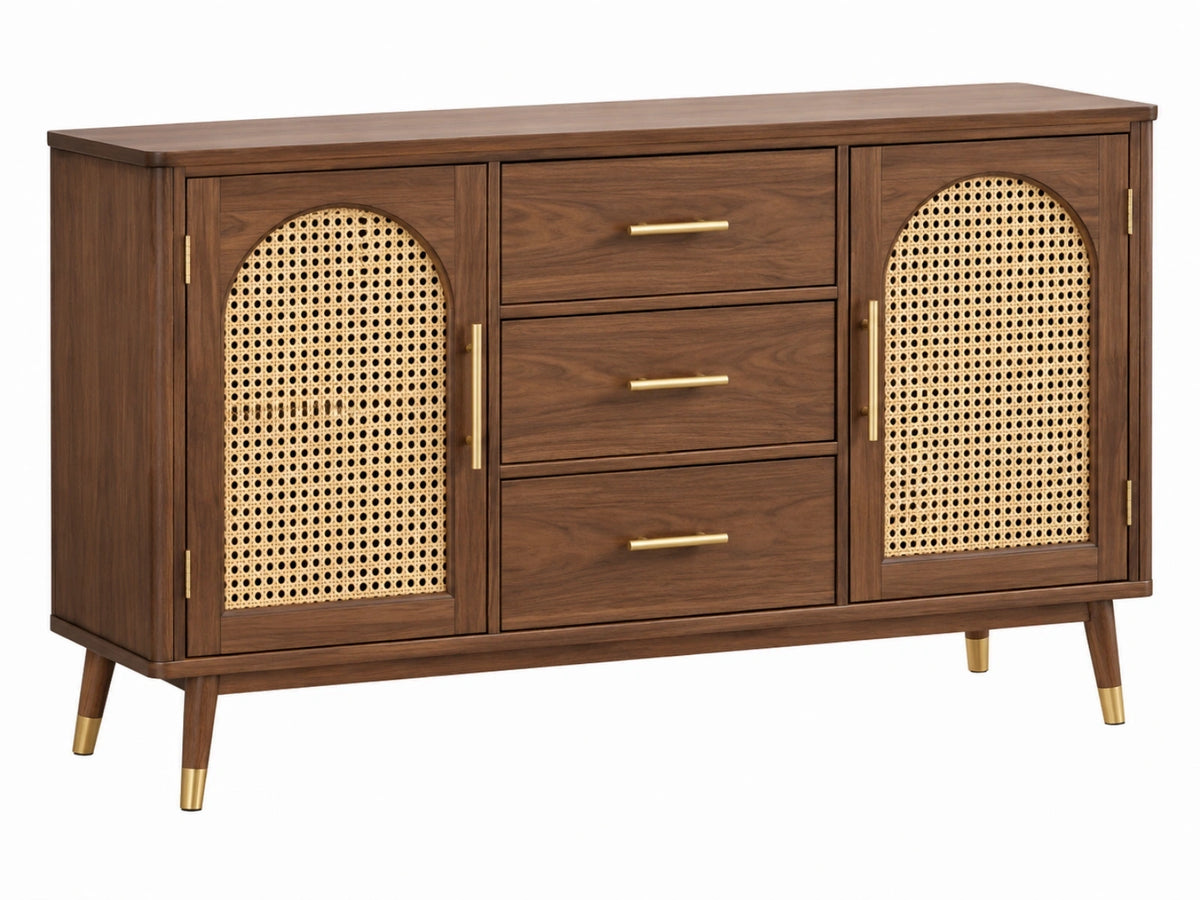 Dressoir 150 x 40 x 85 cm donkerbruin hout met rotan - opbergkast in retrostijl