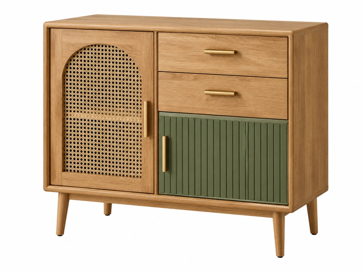 Dressoirkast 110 x 45 x 90 cm hout naturel groen met rotan - opbergkast in retrostijl