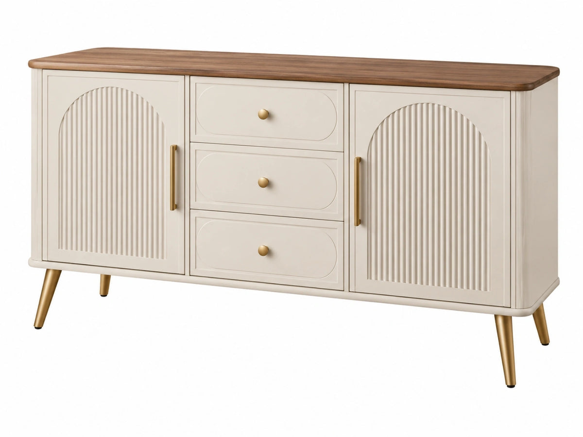 Dressoir 160 x 40 x 80 cm houtlook crème met goudkleurige metalen poten en 3 laden