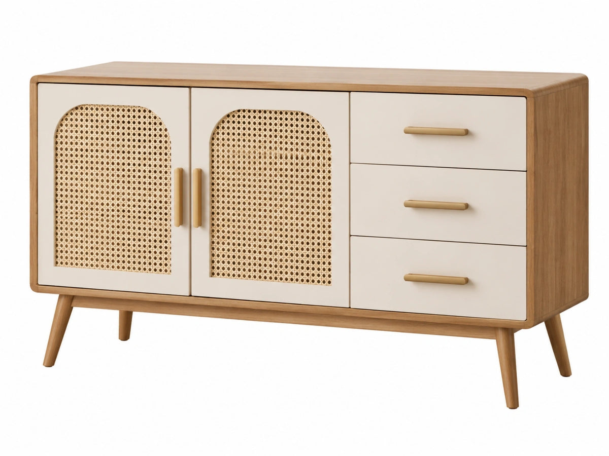 Dressoir 120 x 40 x 75 cm hout naturel crème met rotan deuren - opbergruimte in retrostijl