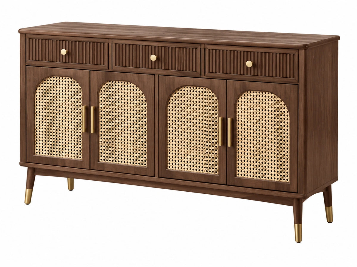 Dressoir 180 x 45 x 95 cm donkerbruin hout met rotan - retro opbergkast