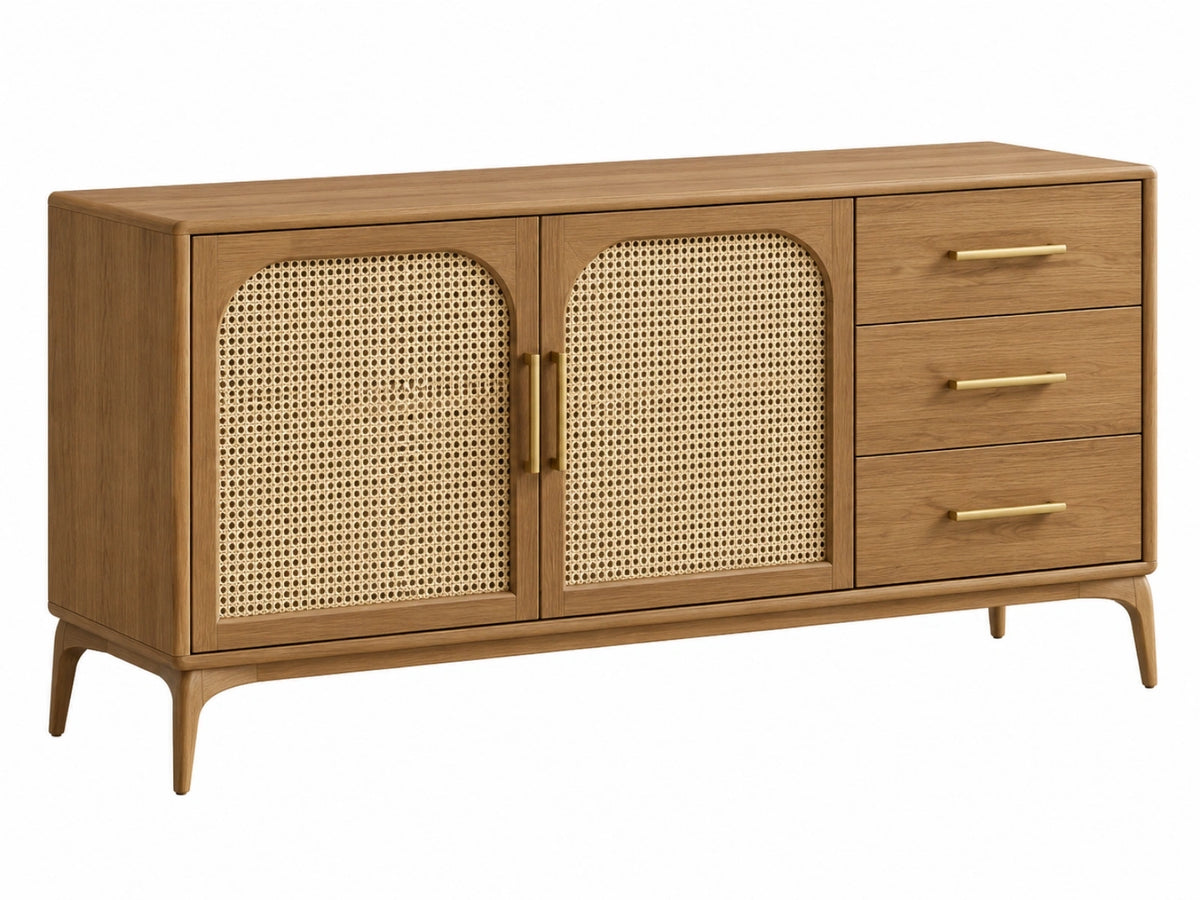 Dressoir 150 x 40 x 85 cm hout naturel met rotan en 3 laden - retro opbergkast