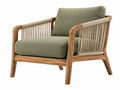 Fauteuil 75 x 80 x 78 cm groen stoffen zitting houten frame met touw geweven armleuningen