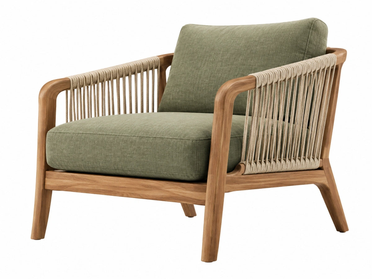 Fauteuil 75 x 80 x 78 cm groen stoffen zitting houten frame met touw geweven armleuningen