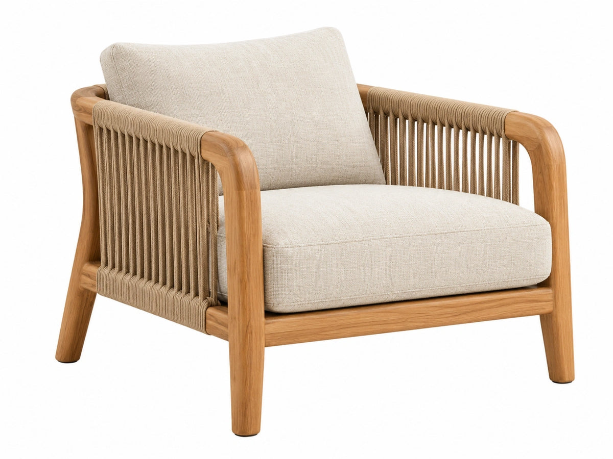 Fauteuil 76 x 82 x 78 cm met houten frame beige stoffen bekleding en gevlochten zijpanelen